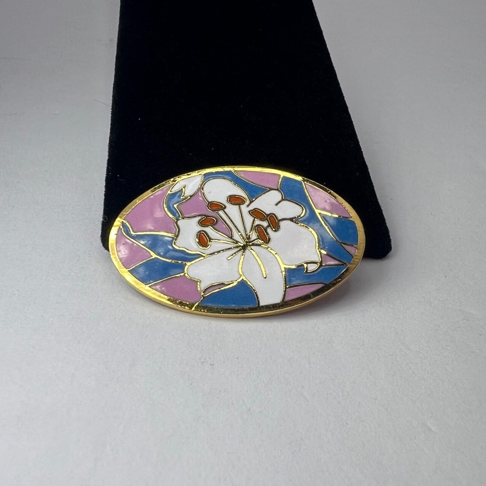 A.G.C. Vintage Enamel Lily Brooch Pin Cloisonne Pink Blue Oval Purity Rebirth
